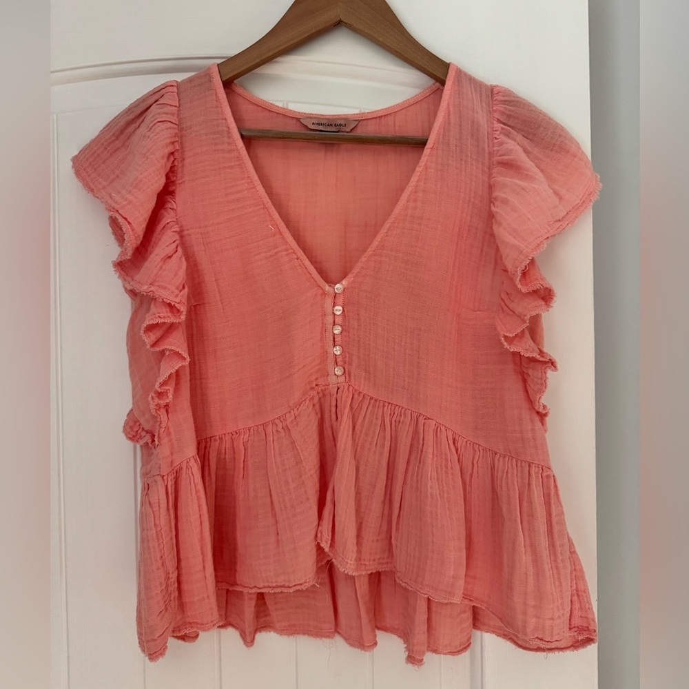 American Eagle Outfitters Coral Ruffle Blouse